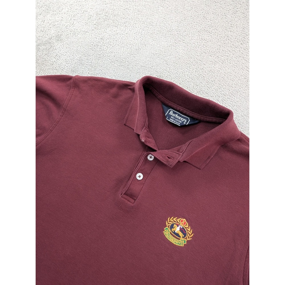Burberrys Vintage Mens Polo Shirt Small Burgundy Cotton Crest Made in USA